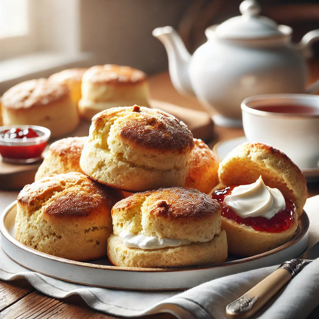 Plate of scones with jam and cream, accompanied by a teapot and cup on a wooden table.