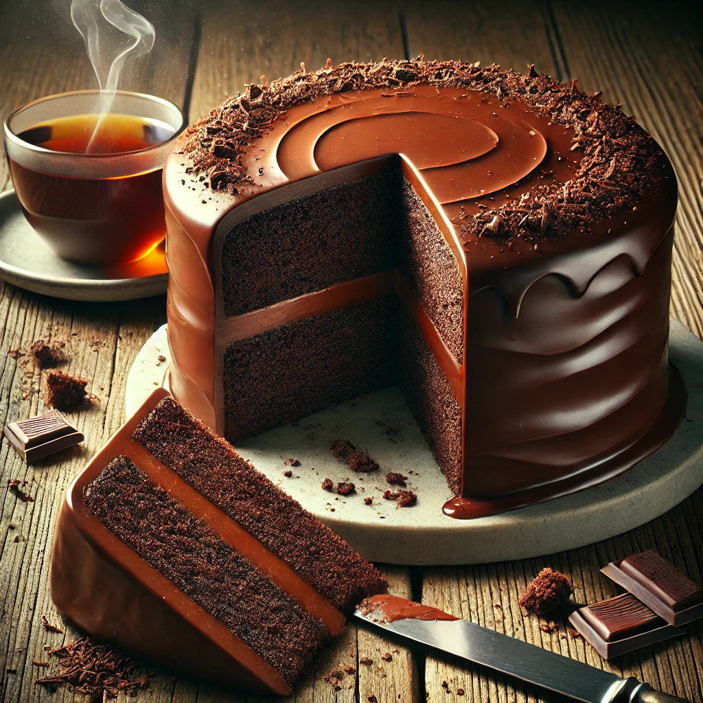 Chocolate cake with a slice cut out, served on a wooden table with a cup of coffee.