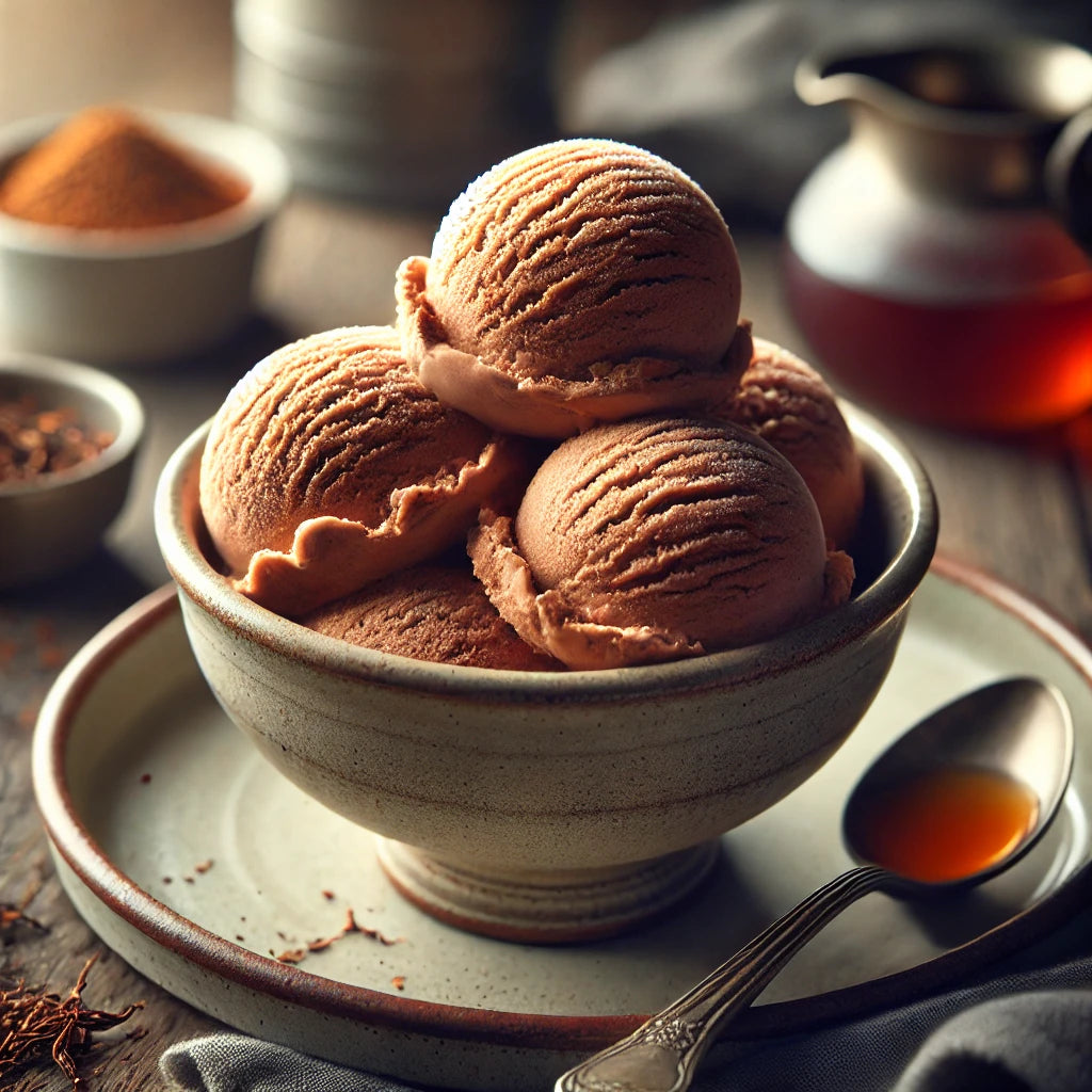 Bowl of chocolate ice cream with a spoon on a wooden surface