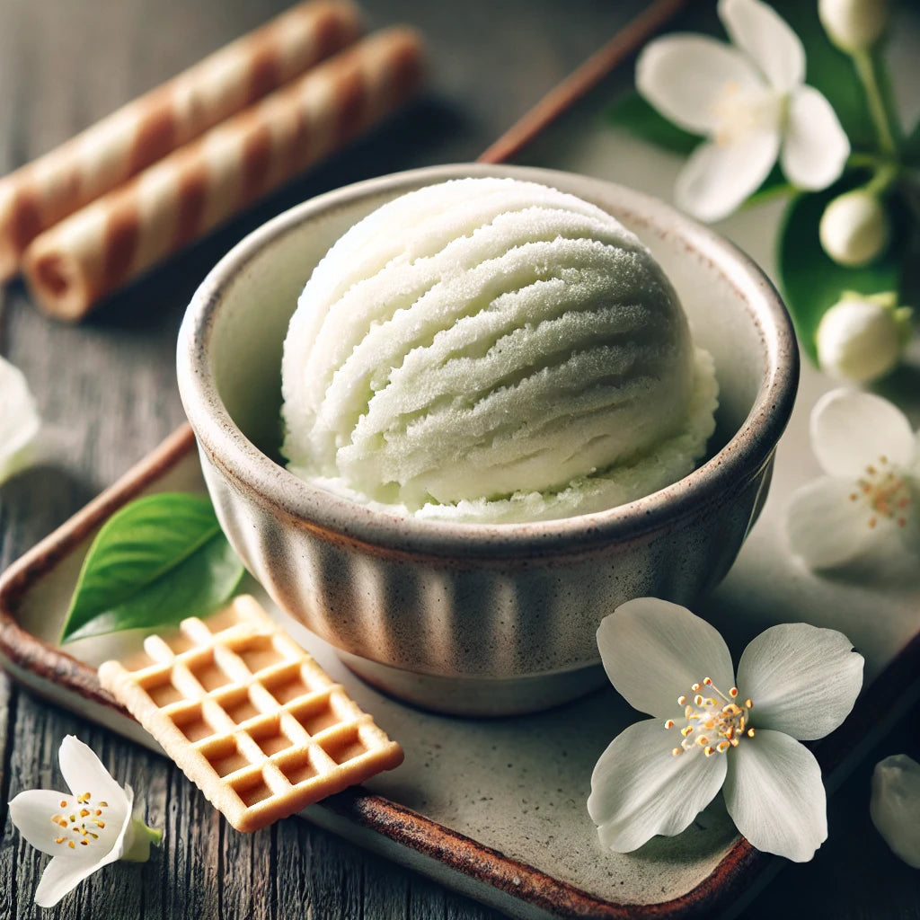 Bowl of green ice cream with cookies and flowers on a wooden surface