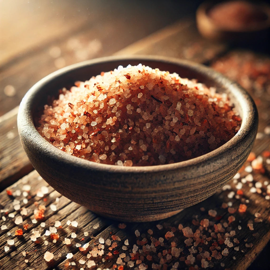 Brown sea salt in a ceramic bowl on a wooden surface