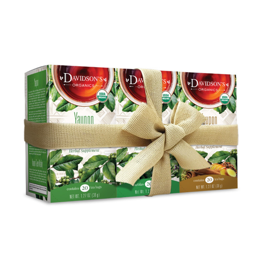 3 Box of Davidson's Organics yaupon tea with a decorative ribbon.
