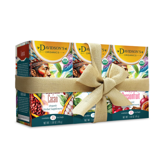 3 Box of Davidson's Organics guayusa tea with a decorative ribbon.