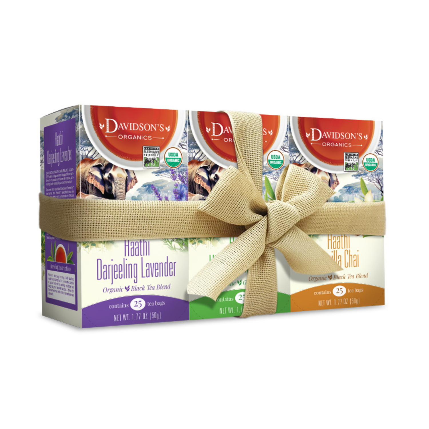 3 Box of Davidson's Organics haathi tea with a decorative ribbon.