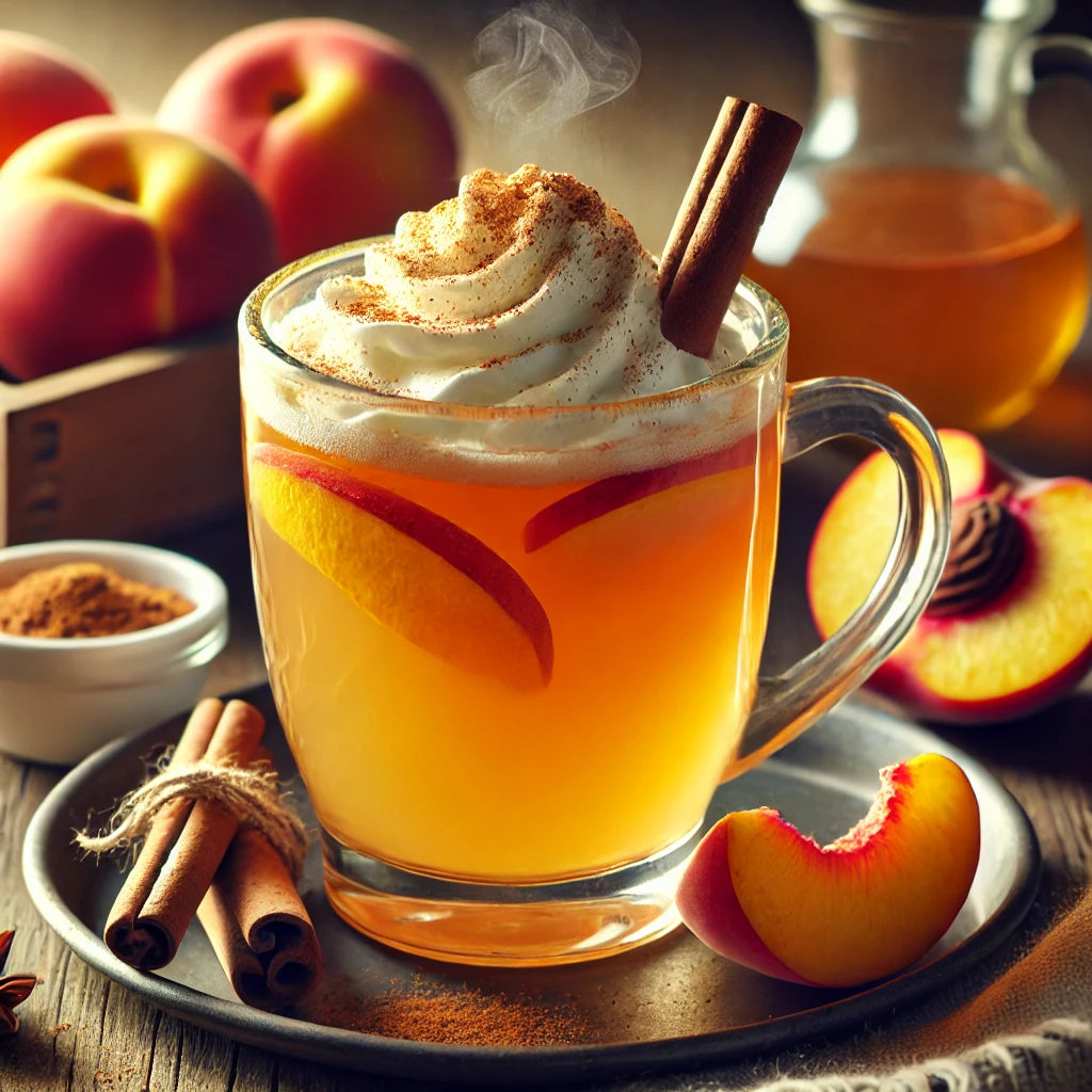 Hot beverage in a glass mug with whipped cream, cinnamon, and peach slices on a wooden table.