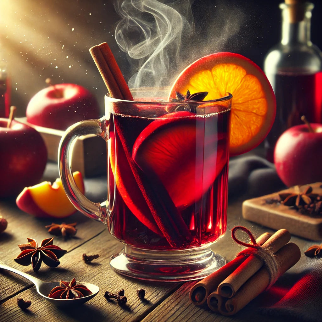 Steaming mug of red hot cider with cinnamon, orange, and apples on a wooden table.