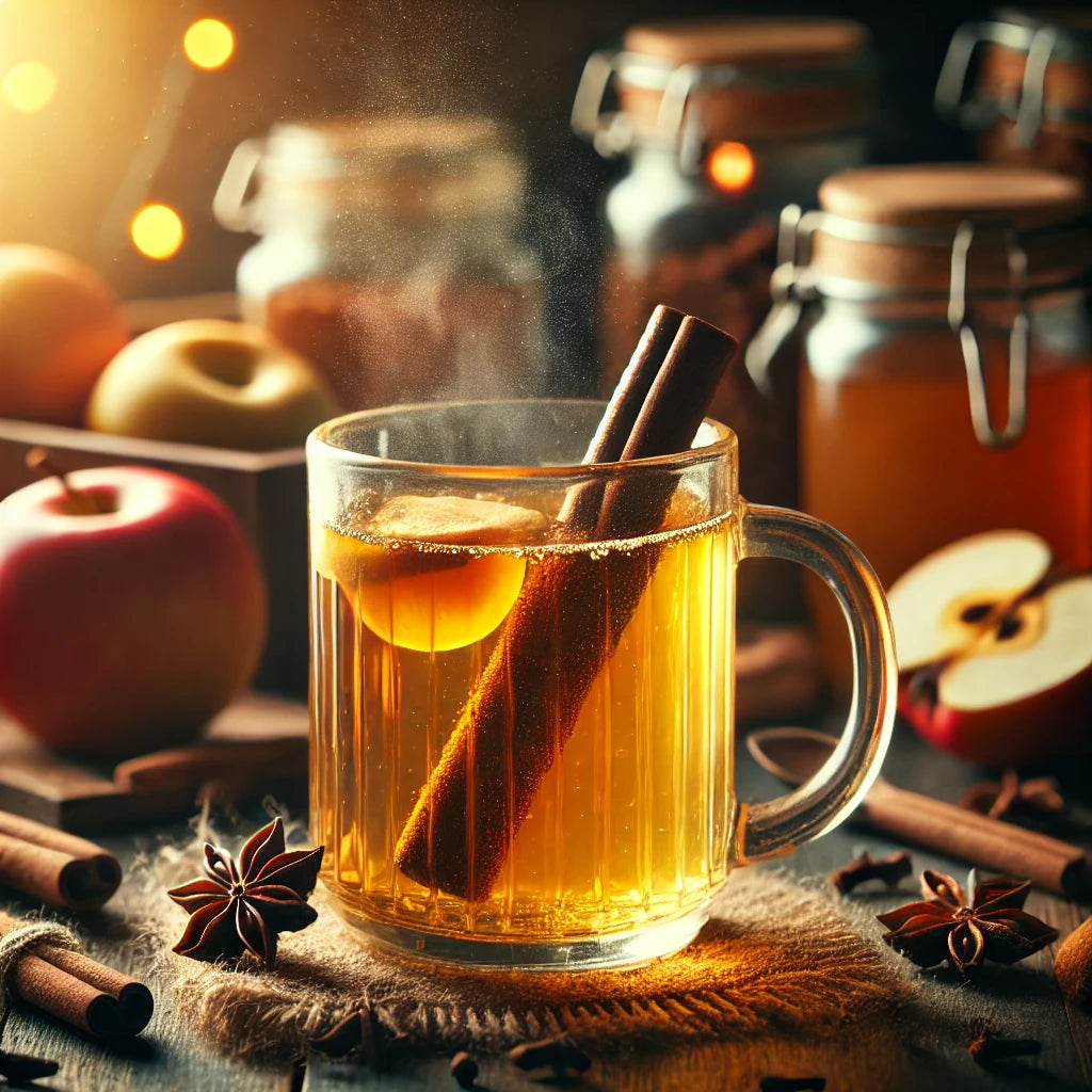 Hot apple cider with cinnamon sticks in a glass mug, surrounded by apples and spices on a wooden surface.