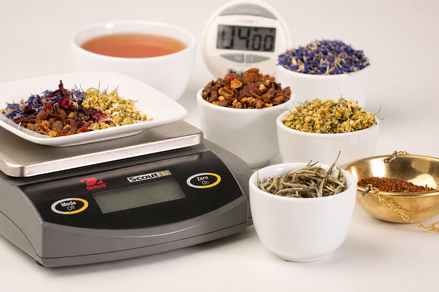 A countertop scene showing a digital kitchen scale with a white plate of dried flower petals on top, surrounded by small white bowls of loose herbal ingredients and a cup of amber liquid, with a digital timer behind them on a light neutral background.