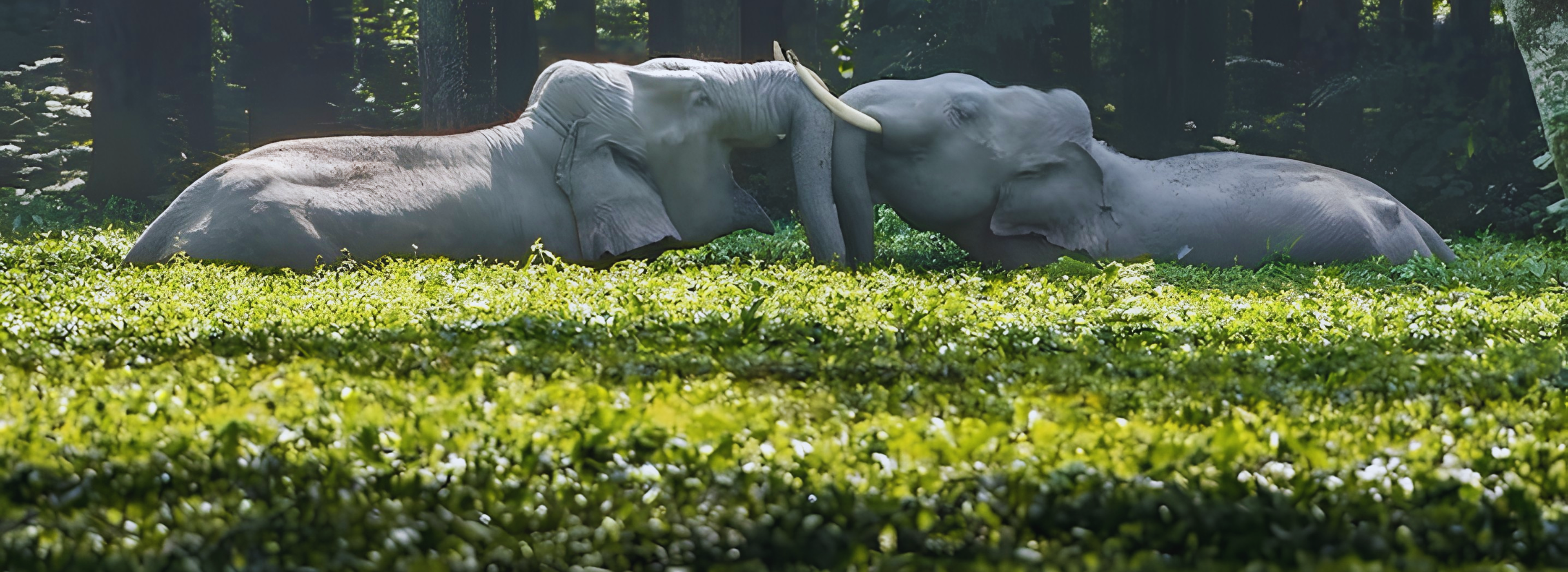 Two elephants lying on a tea field with trees in the background