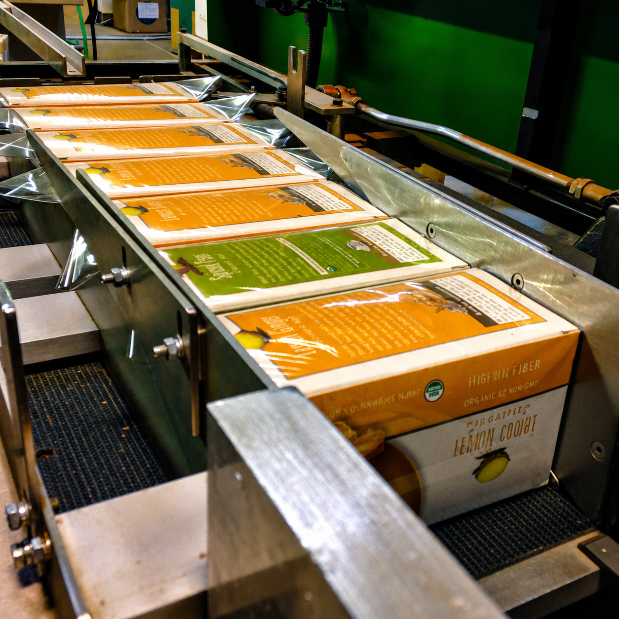 Several packaged food boxes arranged on a conveyor belt in a manufacturing or processing facility. The boxes are wrapped in clear plastic and feature orange, green, and white labels with text including 'WILD HONEY BEES' and 'ORGANIC'.