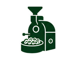 Icon of a green coffee grinder with coffee beans on a white background