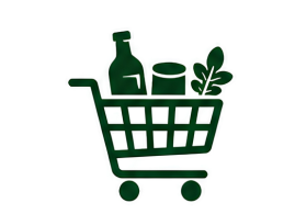 Green icon of a shopping cart with bottles and a jar on a white background