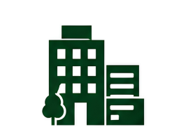 Green icon of a building with a tree on a white background