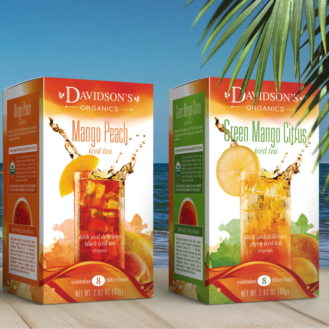 Two boxes of Davidson's Organics iced tea with a scenic background