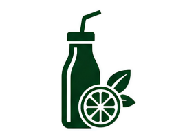 Green icon of a bottle with a straw, lemon, and leaf on a white background