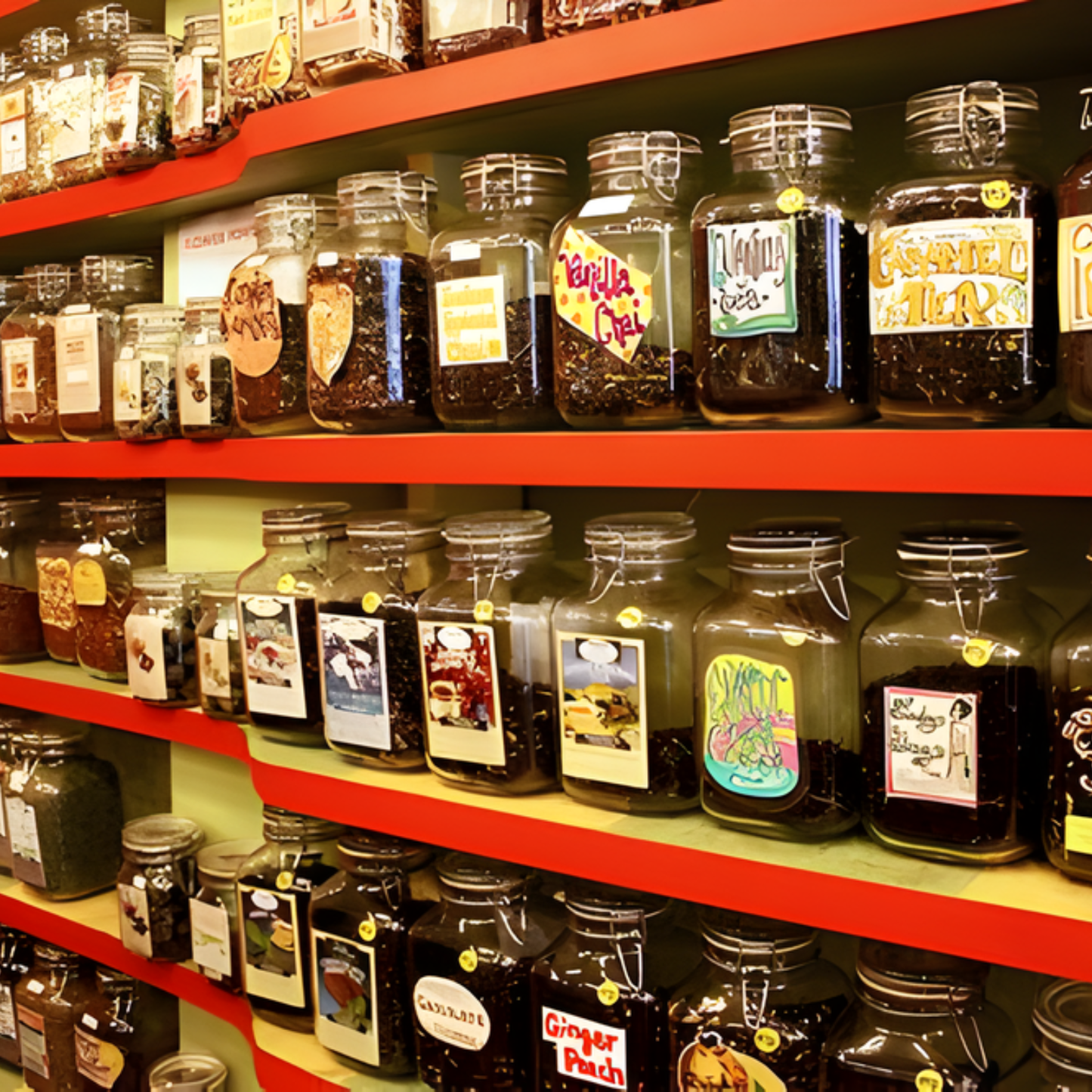 Shelves filled with various jars of spices and seasonings with labels.
