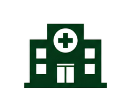 Green icon of a building with a cross, representing a hospital or medical facility.