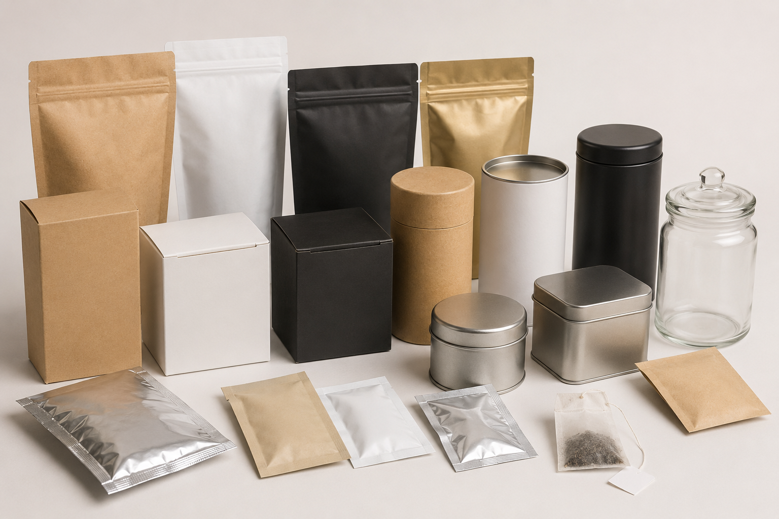 A collection of empty packaging materials and storage containers arranged on a light beige background. The set includes kraft paper and white resealable pouches, matte black and metallic gold pouches, cardboard and metal cylindrical tins, a glass jar, and small silver and kraft paper packets.