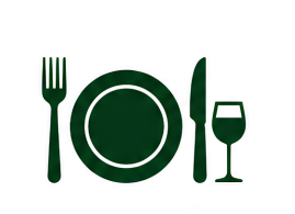 Green icon of a plate with fork, knife, and wine glass on a white background