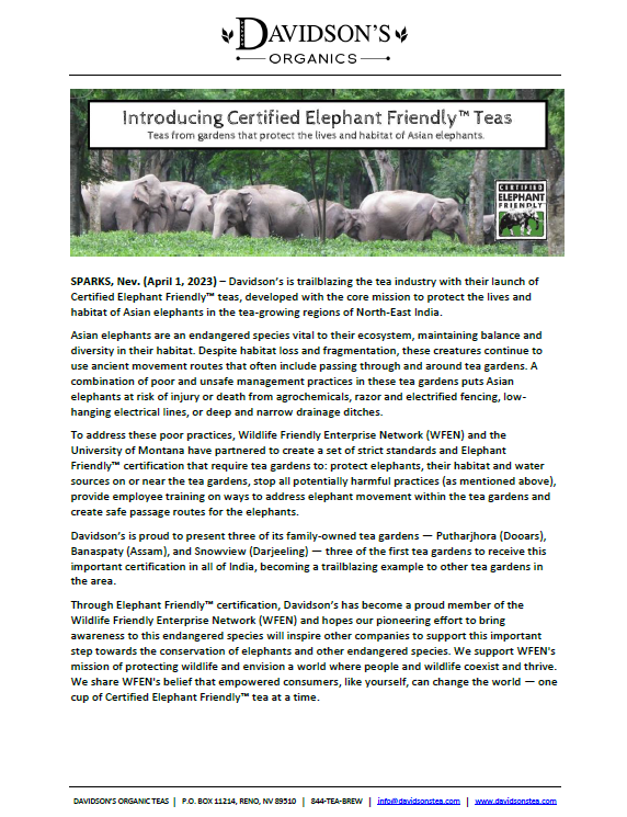 Davidson's Organics press release announcing 'Certified Elephant Friendly Teas' with a photograph of a herd of Asian elephants in a tea garden.