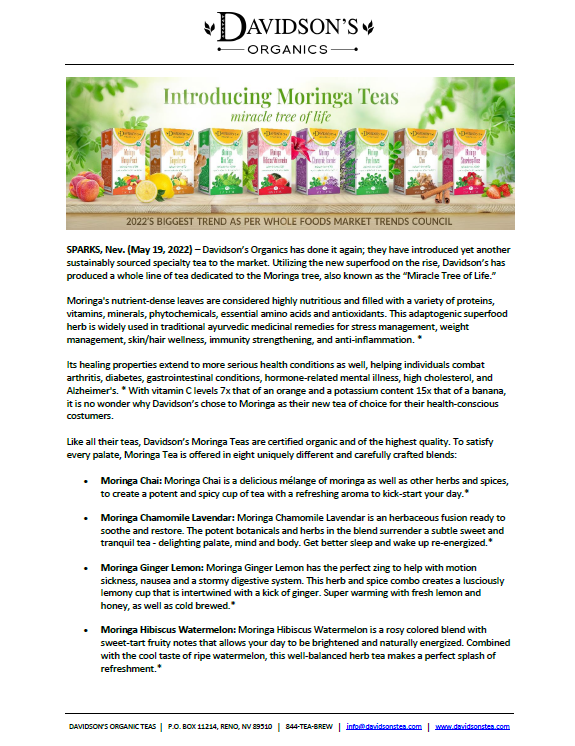 Davidson's Organics press release featuring an image of eight boxes of Moringa Teas in different flavors.