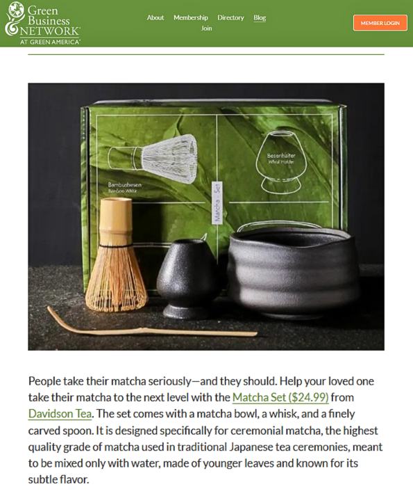 Davidson Tea Matcha Set displayed with a bamboo whisk, black matcha bowl, whisk holder, and curved scoop in front of the green product box.