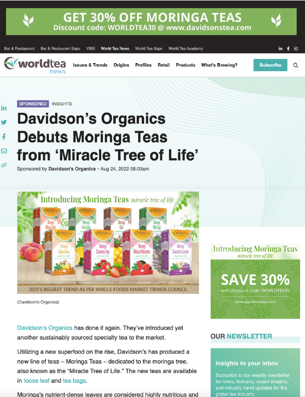 Davidson's Organics Moringa Teas product lineup shown in a row of six colorful retail boxes.