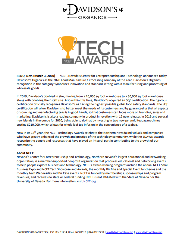 Press release from Davidson's Organics about receiving a Tech Award, with the Davidson's Organics logo at the top.