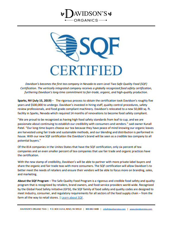 Davidson's Organics SQF certification announcement on a white background