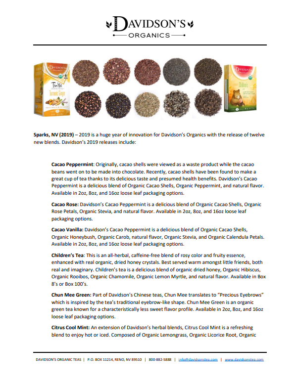 Davidson's Organics product sheet with various product images and text.