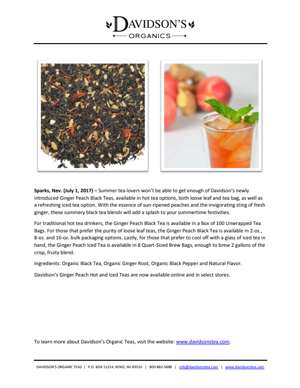 Promotional text about Davidson's Organics Ginger Peach Black Tea with images of tea leaves and a drink.