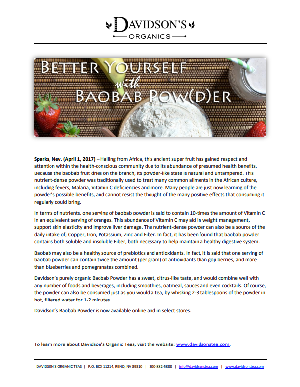Press Release  for Davidson's Organics Baobab Powder with text and product image.