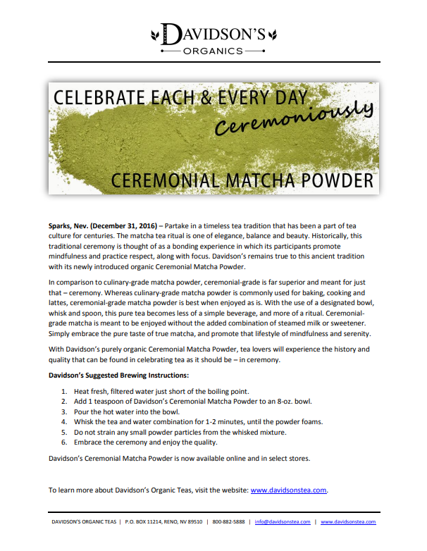 Press Release  for Davidson's Organics Ceremonial Matcha Powder with text and branding.