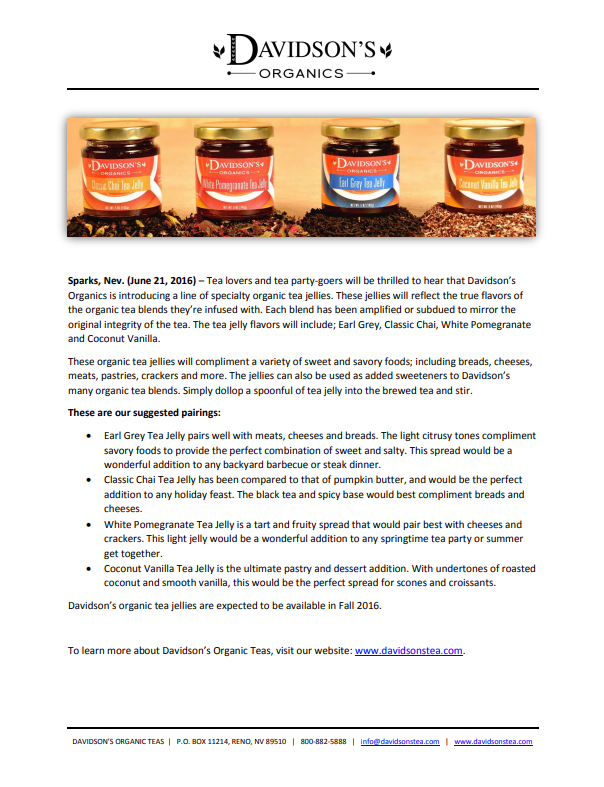 Press Release  of Davidson's Organics tea jellies with a banner of the products.