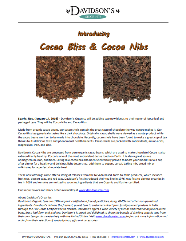 Press Release  for Davidson's Cacao Bliss and Cocoa Nibs with product images and text.
