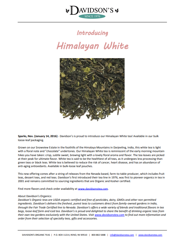 Press Release  for Davidson's Himalayan White tea with text and branding.