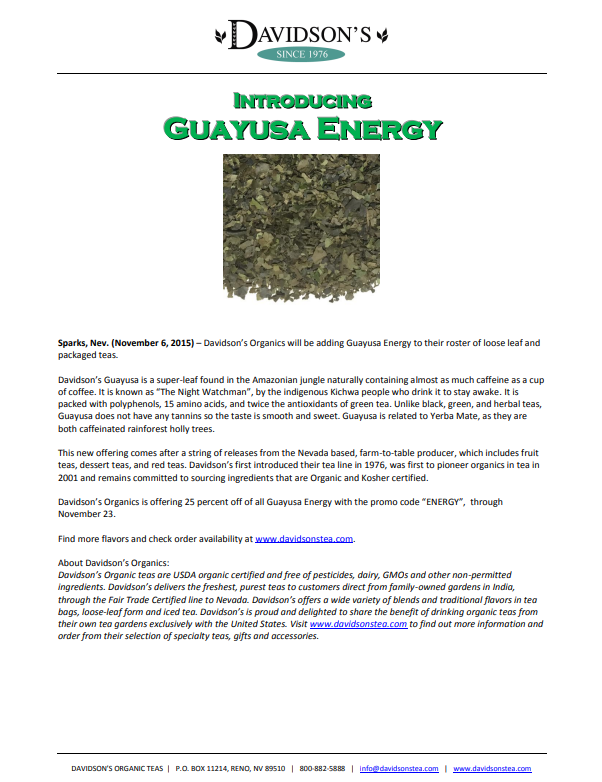 Press Release  for Davidson's Guayusa Energy tea on a white background