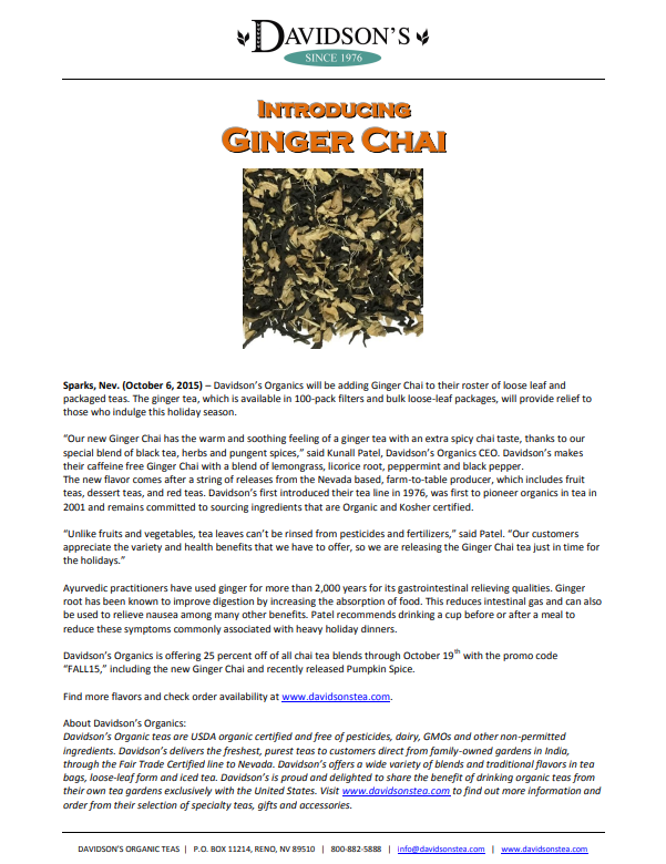 Press Release  for Davidson's Ginger Chai with text and product image on a white background