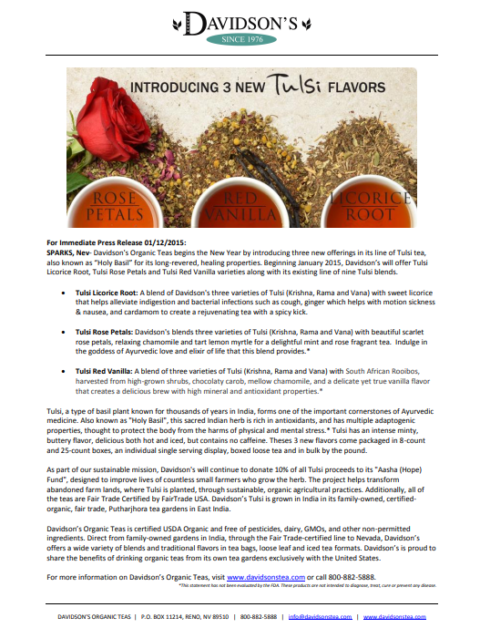 Press Release  for Davidson's Organic Tea introducing three new Tulsi flavors with product images and text.
