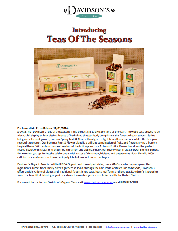 Press Release  of Davidson's Organic Teas with packaging and tea leaves on a white background.