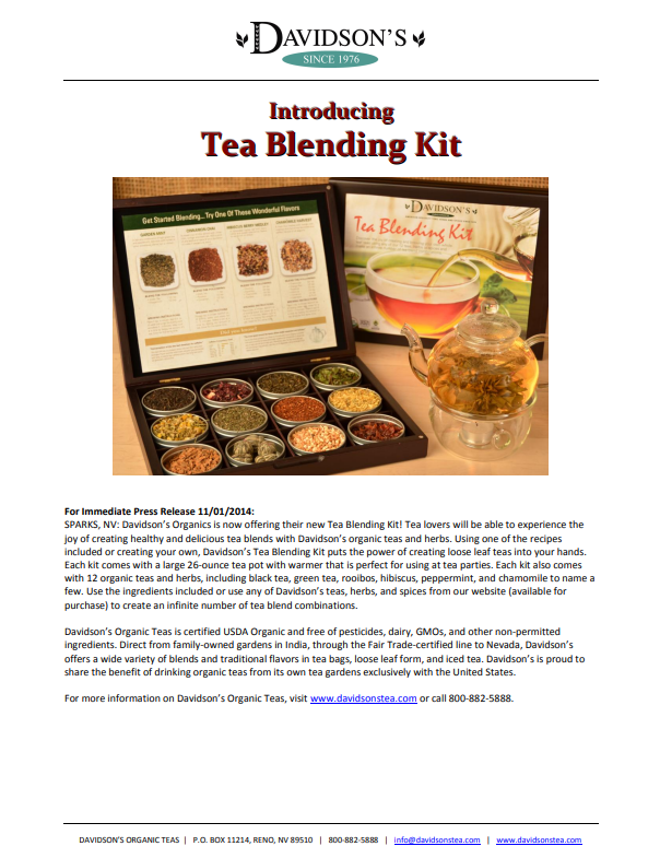 Press Release  of Tea blending kit with ingredients and a glass of tea, featuring Davidson's Organic Tea branding.