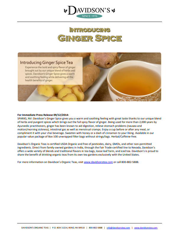 Press Release  for Davidson's Ginger Spice Tea with ginger root and a cup of tea on a white background.