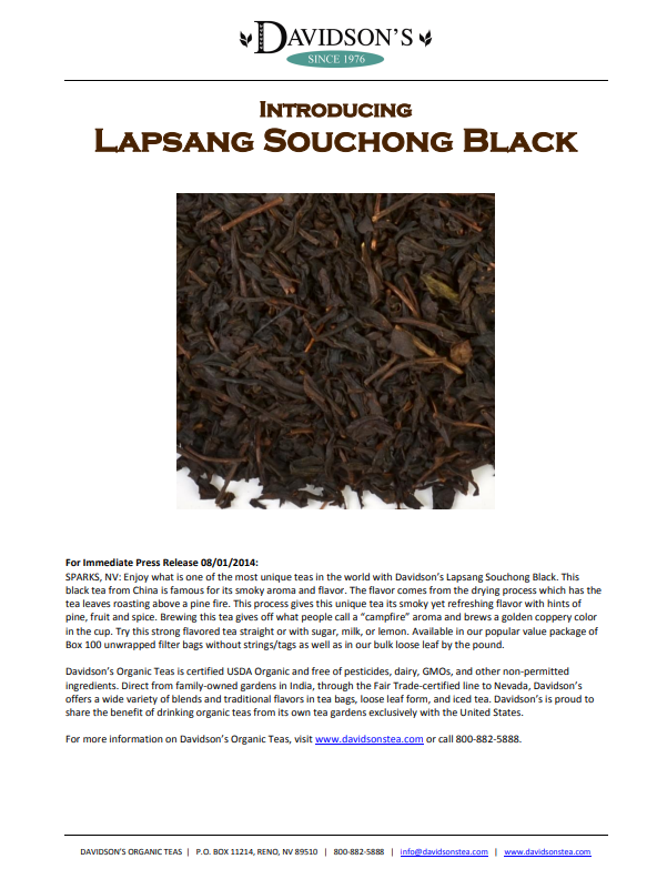Advertisement for Davidson's Lapsang Souchong Black tea with product image and branding.