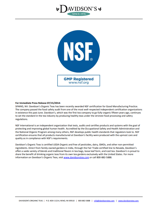 Davidson's Organic Tea press release with NSF certification logo on a white background