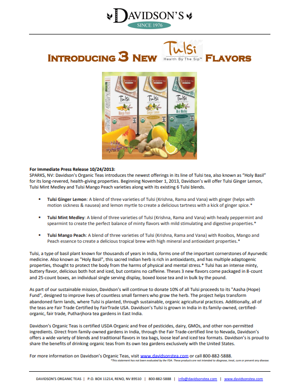 Press Release for Davidson's Organic Tulsi tea with product images and text.