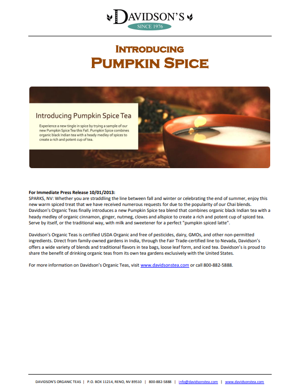 Press Release  for Davidson's Pumpkin Spice Tea with a cup of tea and text.