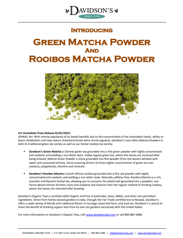 Press Release for Davidson's Green Matcha Powder and Rooibos Matcha Powder with product image and branding.