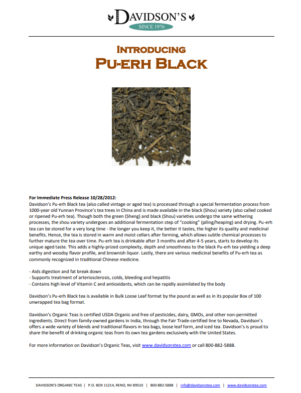 Press Release  for Davidson's Pu-erh Black tea with text and image of tea leaves.