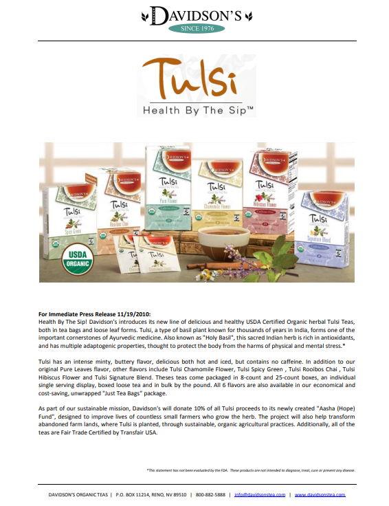 Press Release for Davidson's Tulsi tea products with packaging and a bowl of tea.