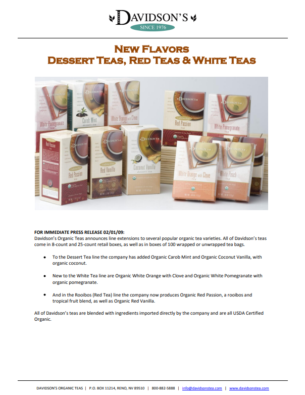  Press Release  of Davidson's Organic tea packages with text about new flavors.